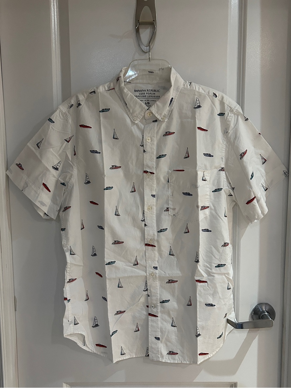 Banana Republic White Short-Sleeve Button-Down with Red & Blue Nautical Print